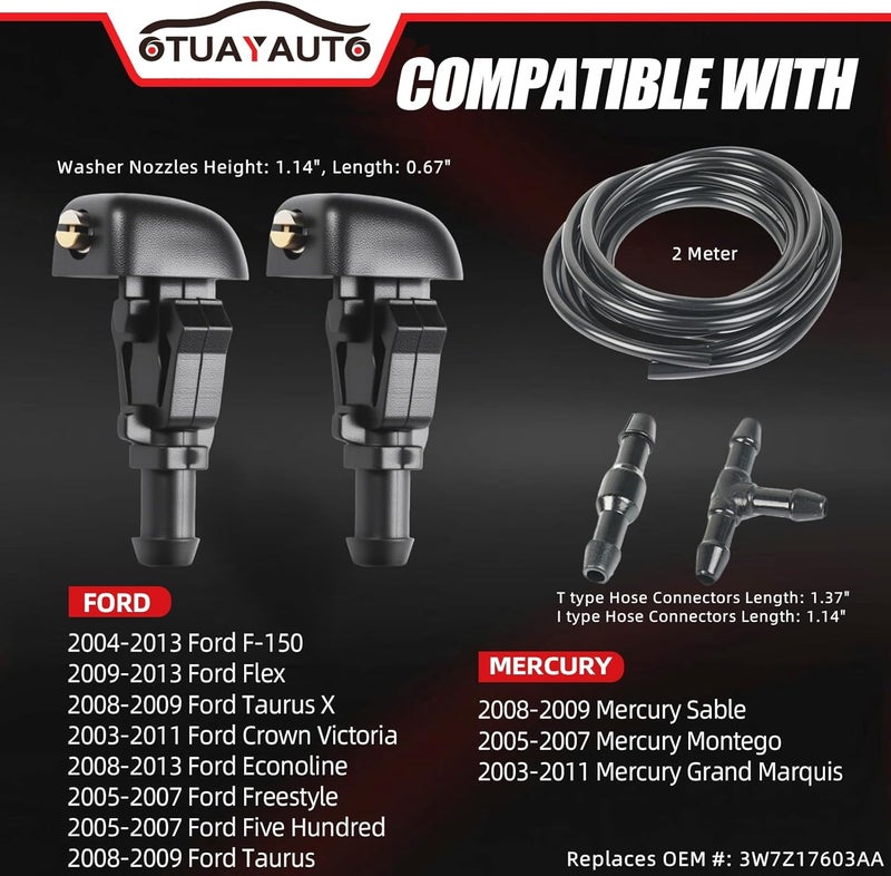 OTUAYAUTO Front Windshield Washer Nozzles Kit for 2004-2013 Ford F150 - Replaces OEM # 3W7Z-17603-AA, 3W7Z17603AA, Washer Jet & Fluid Hose with Connector - Image 2